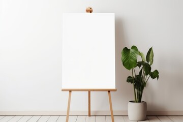 Wooden easel with blank canvas in a living room with plants. Generative AI
