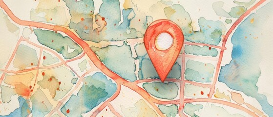 Obraz premium A watercolor clipart of a map with a large red location pin at the center