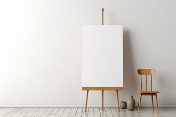 Wooden easel with blank canvas in a living room with a wooden chair. Generative AI