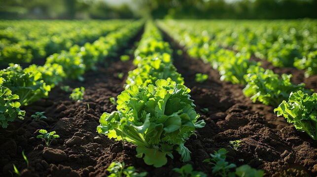 A field of vibrant green endive growing in neat rows.