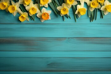 A blue wooden background with yellow daffodil flowers. Generative AI