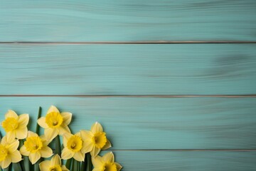 Yellow narcissus or daffodil flowers on aquamarine wooden background. Generative AI