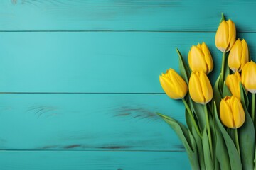 Yellow tulips on wooden background. Generative AI