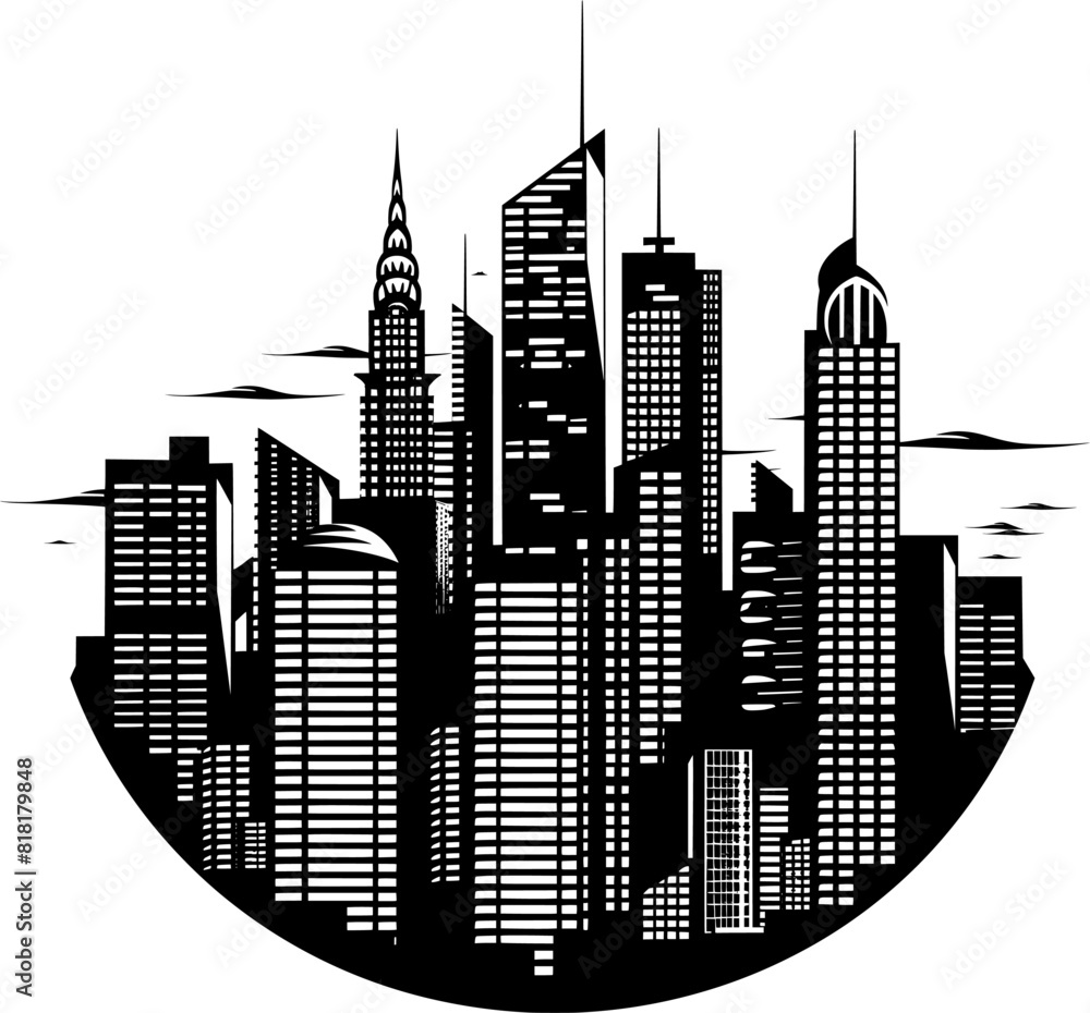 Wall mural city skyline with buildings silhouette vector icon illustration on transparent background.