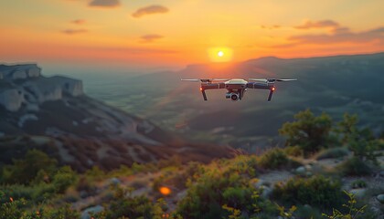 Fototapeta premium Photo of a drone with a camera flying in the sky at sunset, remote control aerial photography, in the style of 2D illustration with a blurred background, high resolution. generative AI