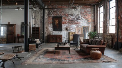A spacious industrial loft features a mix of vintage furniture against exposed brick walls, highlighted by natural daylight from large windows.