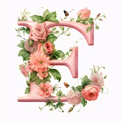 Floral capital letter E with pink roses, leaves and butterflies.