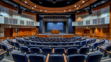 A spacious, modern auditorium featuring blue chairs, a wooden podium on stage, and ample lighting, designed for presentations or performances.