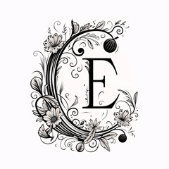Elegant Capital letter E in floral frame, monogram.