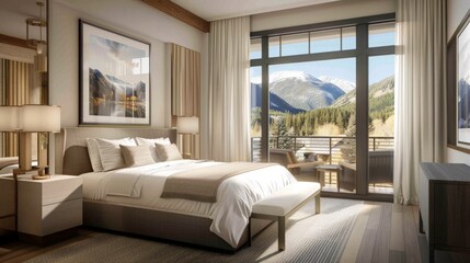 A warm and inviting bedroom at a mountain resort featuring a large window with a balcony overlooking snow-capped peaks. The room is elegantly furnished with a comfortable bed and modern decor.