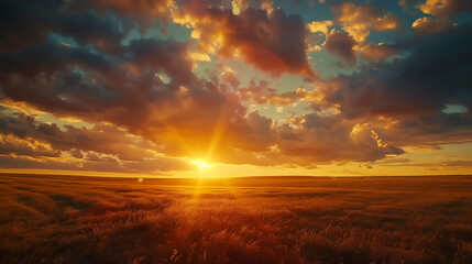 Sun Setting Over Grass Field