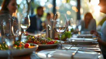 Photo realistic image of financial advisors meeting clients over lunch to discuss investment strategies emphasizing trust and personalized service