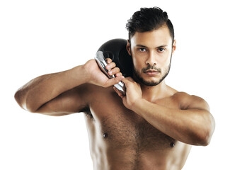 Portrait, man and kettlebell in studio for weightlifting, strength challenge or muscular on white background. Body, athlete and bodybuilder person with weights for fitness, training or power exercise