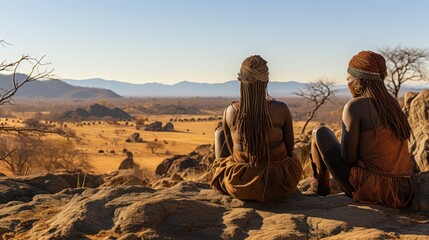 Himba Women Sitting Outside Their Huts in Traditional Attire, Enjoying the Scenic African Landscape