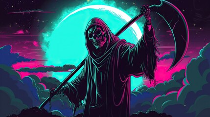 A grim reaper with a scythe on the background of a full moon, neon colors