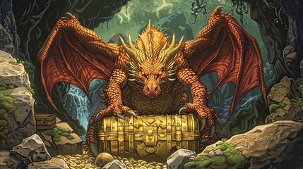 A large golden dragon guards a treasure chest in a cave