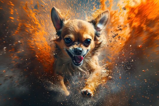 A chihuahua in full roar, charging forward with a fierce expression. Captured in a dynamic colours. Splashes and splatters around the dog suggest its swift movement and wild energy