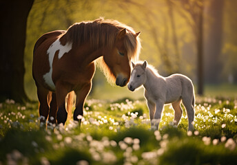 Fototapeta premium Wild Dartmoor pony, mother and foal.
