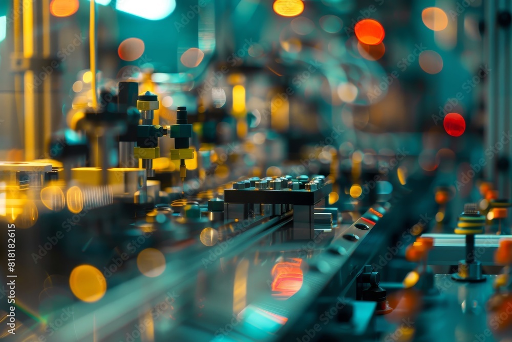 Aufkleber abstract blurred bokeh factory background with robotic assembly line - industrial concept