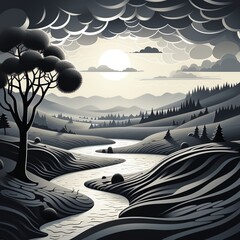 Black and white landscape of a river flowing through a valley. Sky is cloudy. Sun is setting. The trees are bare. The image is in a minimalist style.