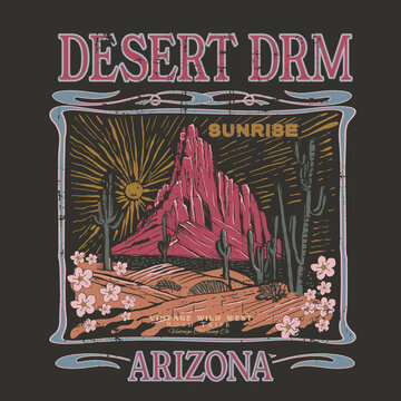Arizona desert Hand drawn sketch Desert night view retro vintage, dreams with light blast vector graphic print artwork for apparel, stickers, background and others