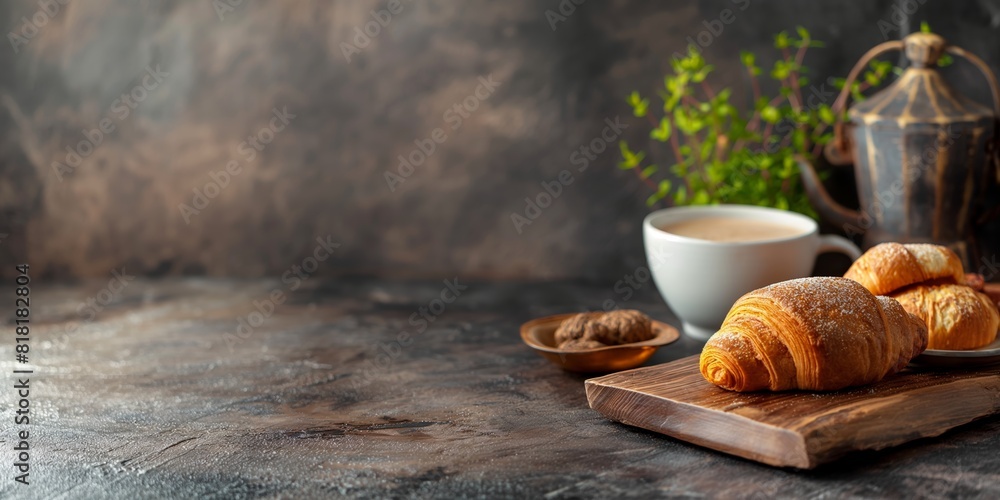 Wall mural delightful continental breakfast scene with hot coffee and fresh croissants on a wooden board