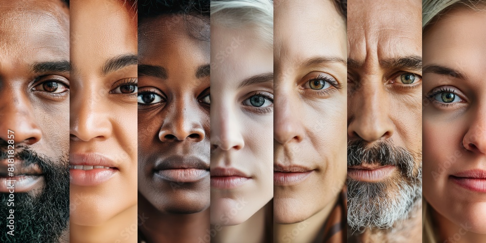 Wall mural A collage representing diversity, featuring close-up portraits of people from different ethnic backgrounds