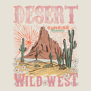 Hand drawn Desert Vintage Retro Pastel Color look wild west , women's colorful desert mountain print artwork , sunrise the desert , cactus print artwork under the desert mountain and sun, 