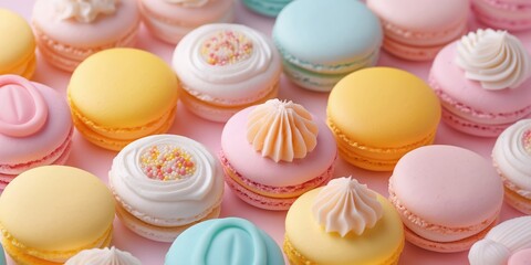 Obraz premium Variety of brightly colored macarons arranged neatly on a surface