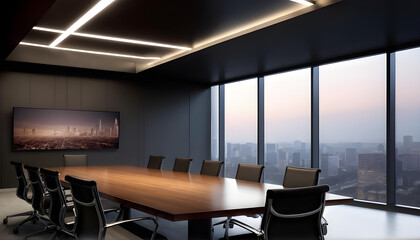 Table In Empty Corporate Office Conference Room Interior Company Board Executive Professional Work Setting City Skyline Backdrop