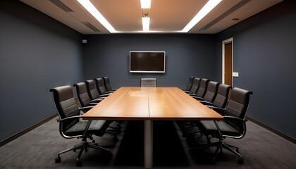 Empty Corporate Office Conference Meeting Room Interior Windowless Company Board Executive Professional Work Setting City Skyline Backdrop