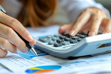 Professional female accountant using calculator for business data and accounting document