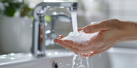 A man washes his hands under the tap. Personal care and hygiene. Hands close up.