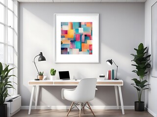  This is a mockup of an office with a blank white frame, presenting a colourful, contemporary mixed-media artwork design. 
