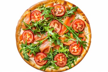 Pizza with Salmon, Cream Cheese and Fresh Rucola Leaves Isolated, Traditional Italian Whole Round Flatbread