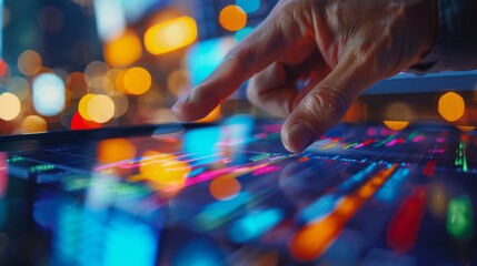 Close-up of a hand using a tablet to show digital asset performance, finger pointing, stock exchange backdrop