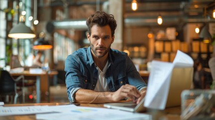Fototapeta premium A businessman at his desk, examining intricate marketing statistics and financial charts on his laptop in a stylish office