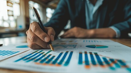 A businessman holding a pen over financial reports, overlaid with stock market graphs and investment data, symbolizing finance and budgeting
