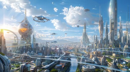 A futuristic city skyline featuring towering glass buildings, flying cars, and advanced technology, illustrating a utopian vision of the future 