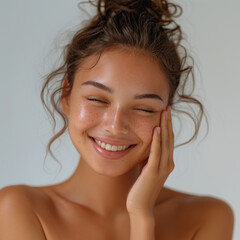 Woman happy, touching flawless glowy skin , clear middle space with white background