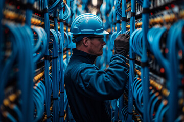 IT technician patching network cables in a data center
