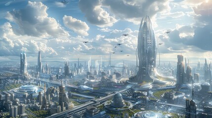 A futuristic city skyline featuring towering glass buildings, flying cars, and advanced technology, illustrating a utopian vision of the future 
