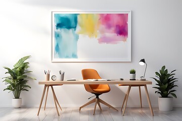 This is a mockup of an office with a blank white frame, presenting a colourful, contemporary mixed-media artwork design. 