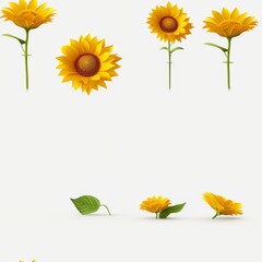 Row of vibrant sunflowers isolated on white, high quality illustration for design projects