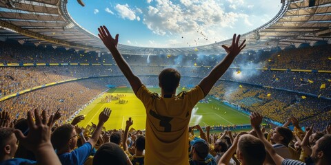 A fan wearing a yellow jersey exhibits a gesture of joy and excitement in a world stadium, enjoying...