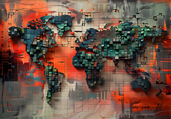 Develop a visual representation of the world map transformed into a dynamic trade grid, symbolizing...