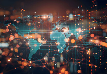 Fototapeta premium Develop a visual representation of the world map transformed into a dynamic trade grid, symbolizing the interconnected nature of international commerce 