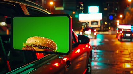 Looking through car window at drive through fast food restaurant menu board green screen chroma key billboard.