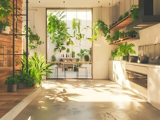 Natural Light Filling OpenLayout Kitchen with Industrial Minimalism and Greenery