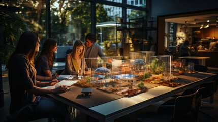 Creative Team Collaborating on Architectural Model in Modern Office Setting